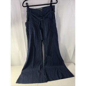 Anthropologie Tie Waist Linen Wide Leg Flare Belted Navy Trouser Pants 30